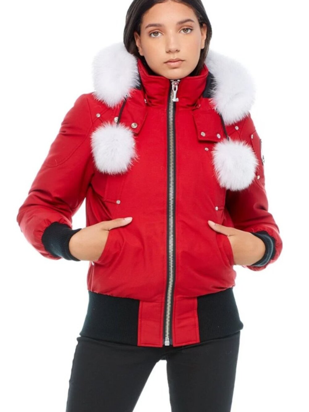 Moose Knuckles Debbie Bomber Down Jacket Dark Red Fur Hood Size L